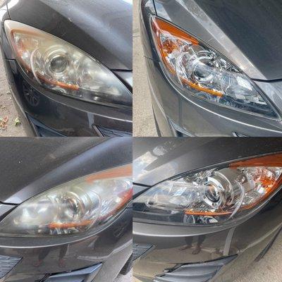 Headlight restoration (before/left and after/right)