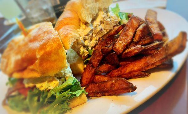 Chicken salad croissant with sweet potato fries