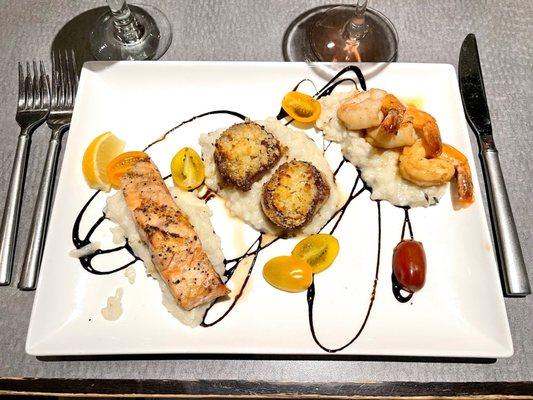 A seafood trio, beautiful on the plate but somewhat disappointing on the palate.