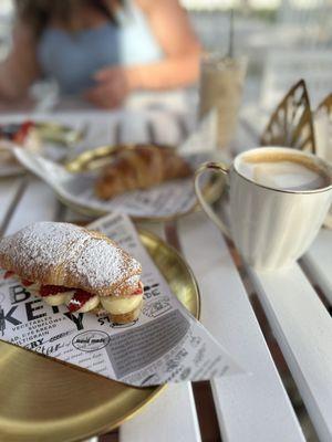 Strawberry cream croissant, cappuccino, butter croissant