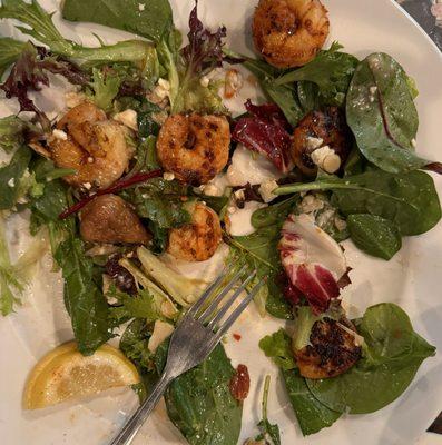 Sunshine/Suncoast Salad (not sure of the name). Blackened shrimp, spring leaf mix, white figs, toasted almonds, blue cheese.