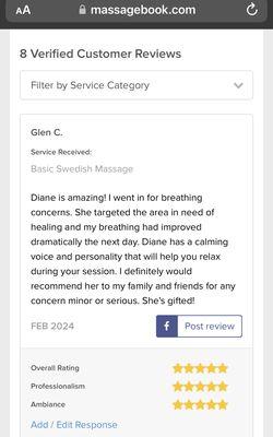 A review of Diane at Gifted Massage Therapy posted on  MassageBook via www.GiftedMassageTherapy.com