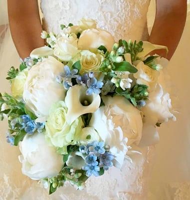 Wedding, June 18, 2016: Flowerfall Bridal Bouquet for an elegant bride at the Stamford Yacht Club. Peonies, Tweedia, Calla Lily, Ranunculus.