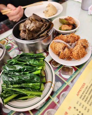 Chinese Broccoli with Oyster Sauce, Deep Fried Taro, Sticky Rice, Stuffed Bell Pepper