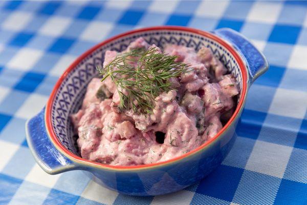 Pink Potato Salad with fresh dill on top!