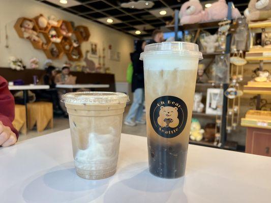 Thai Coffee (left) Osmanthus Oolong Tea with Sea Salt Crema and boba