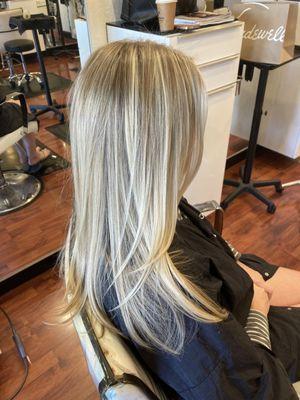 Bright blonde highlights & haircut.  IG:  @shearblue