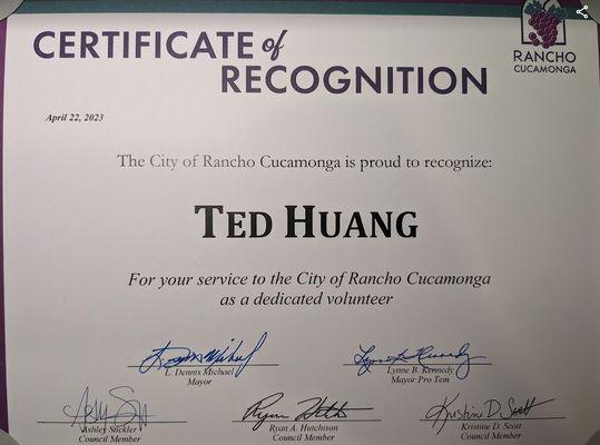 Rancho Cucamonga recognizing my volunteering efforts.