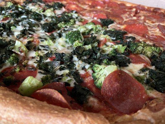 Large delicious custom pizza all pepperoni and half with broccoli and sautéed spinach! Yum!!!