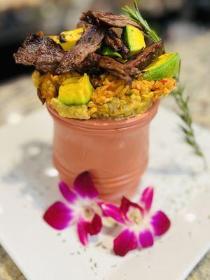 Ultimate Mofongo filled with arroz mamposteo, avocado and Churrasco