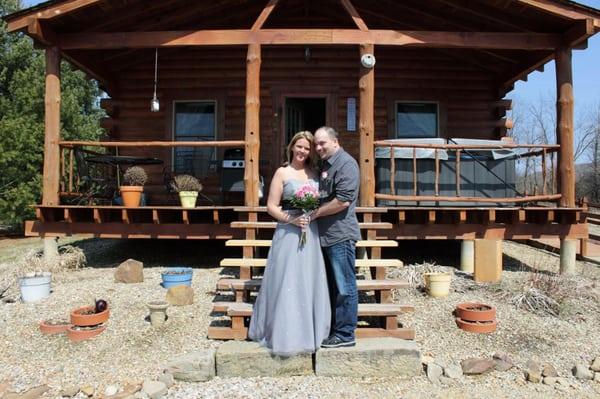 Our wedding day in front of skyview cabin