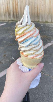 I tried a rainbow cone of all the flavors.