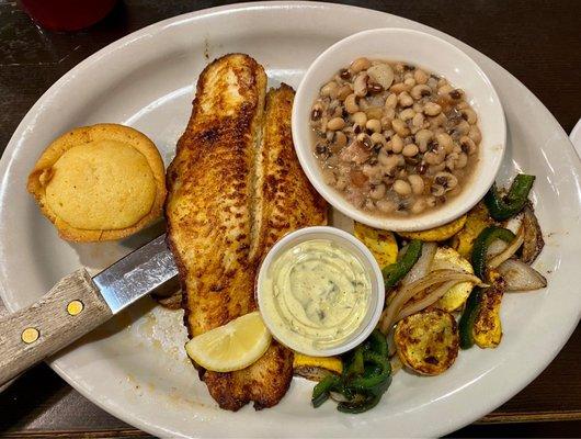 The Grilled Catfish Dinner, also includes soup or salad. The Grilled Squash were amazing.