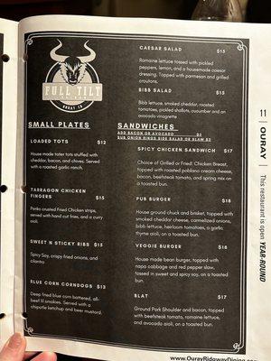 Menu, Ouray, contact, bar, food, hours