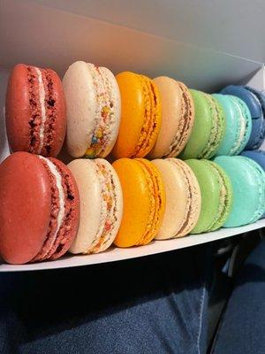 14 macarons: red velvet, fruity pebbles, blood orange (my fave), vanilla, pistachio, wedding almond and blueberry cheesecake