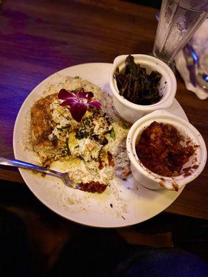 Stuffed salmon, creamy rice, sweet yams, and greens.