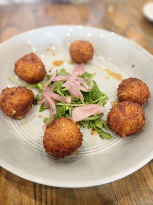 Fried Pimento Cheese (spicy honey, dressed arugula, pickled onions)