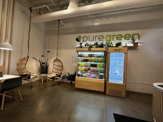 Fun seating and the array of juices and juice shots!