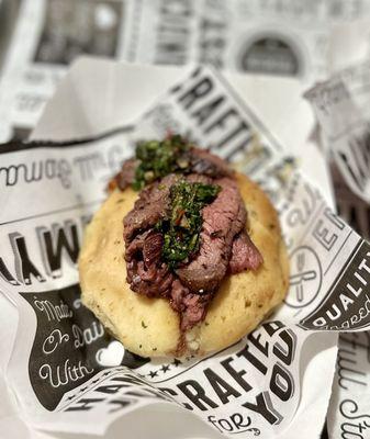 Picanha steak inside a Brazilian cheese bread