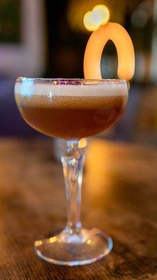 Dark & Smoky ($16) Dark rum, Cherry Heering Liqueur, Lulo Exotic fruit, Simple Sirup (sic), Lemon Juice, Angostura Bitters