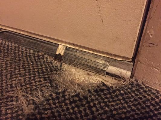 Torn up carpet at the front door of room 248.