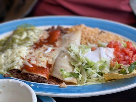 Tres Maria's Enchiladas -- steak green Chile sauce, red enchilada sauce and cheese sauce.