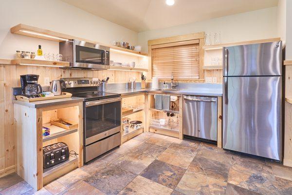 Kitchen area of the Manzanita Cabin.