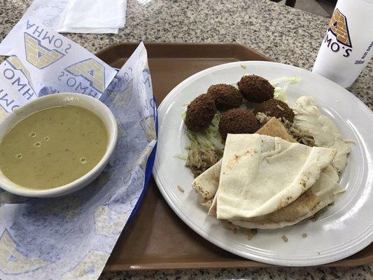 Lentils soup and falafel platter