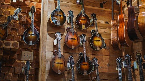 The boutique mandolins in the Acoustic Room.