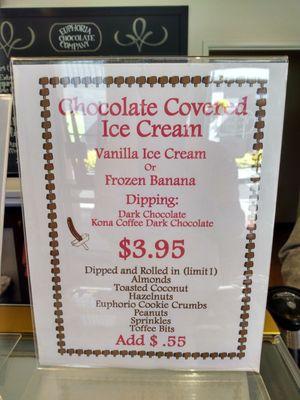 Chocolate covered ice cream and frozen bananas available!