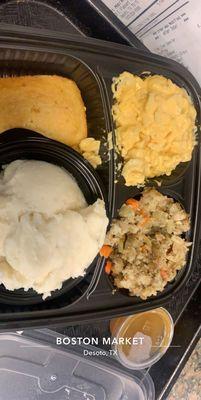 Mac & cheese, stuffing, smashed potato's, and corn bread