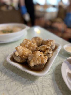 Shrimp Dumpling over mushrooms