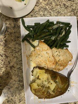 Boiled chicken, Baked Potato and green beans