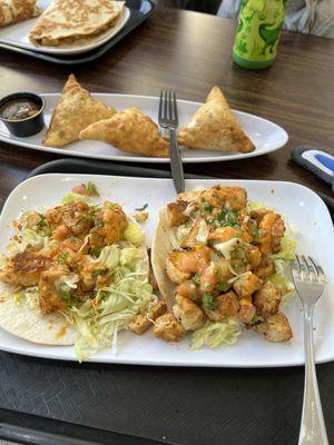 Beef samosa and chicken tacos