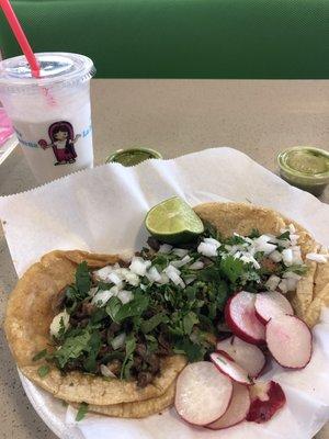 2 asada tacos and a coconut Fresca. Delicious!