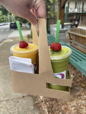 Power Smoothie (green) and Meditate Smoothie (yellow)