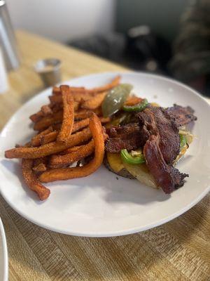 Burger with sweet potato fries no bun