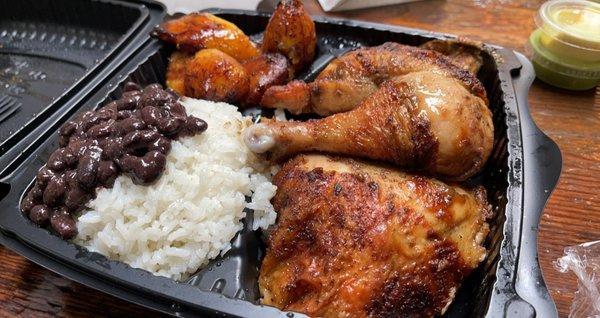 Half dark meat chicken rice and beans and plantains