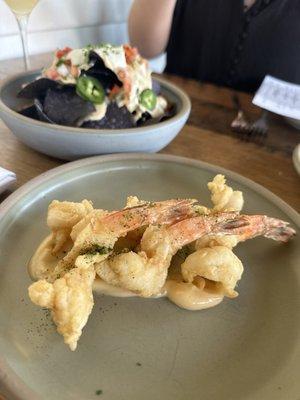 Heirloom Fried Shrimp in front & Blue Crab Nachos in the back