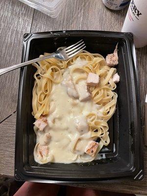 Grilled Chicken Alfredo...looks like baby puke on dry pasta with can, cubed, processed meat...yuck!