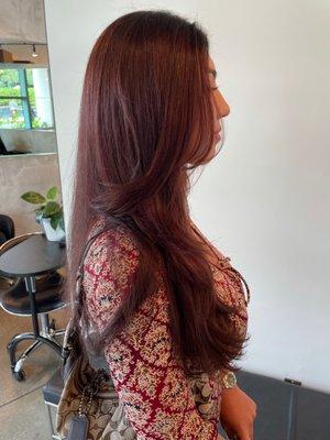 By Kelsey Highlighted brunette to this deep red just in time for fall