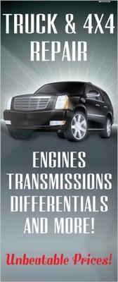 Engine repair, transmission repair, differential repair and transfer case repair.