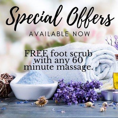 FREE foot-Scrub with ANY 60 minute Massage... CALL TODAY!!!