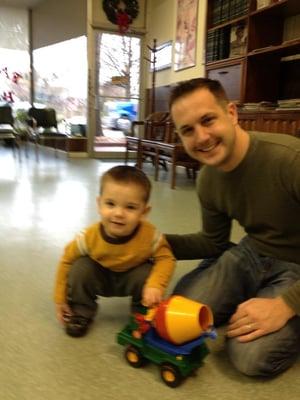 My son and I after getting a haircut.