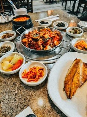 Our spread: spicy soft tofu soup, fried baby octopus, and fried mackerel