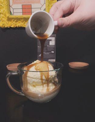 Affogato--vanilla ice cream with hot espresso poured on top!