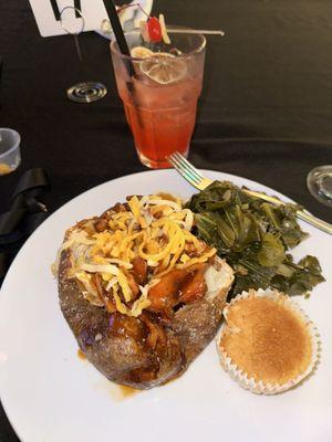 The BBQ chicken baked potato & greens. So good and filling! Came out piping hot within 10 minutes of our arrival.