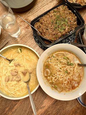 Mustard greens and pork fried rice (really good!), Mohingar Soup (fish broth noodles), Ohnno Kaukswe Soup (chicken coconut curry noodles)