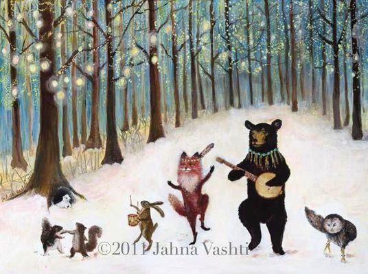 "Forest Festivities" 2011 acrylic on panel. Prints and card are available