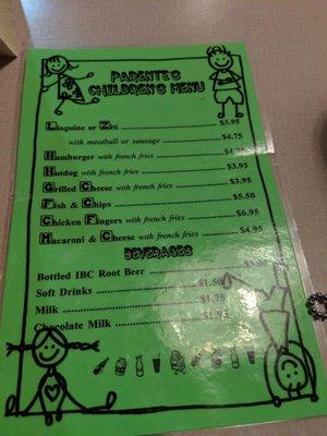 Kids menu